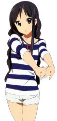 Rule 34 | :o, absurdres, akiyama mio, black hair, blush, eyebrows hidden by hair, glasses, highres, k-on!, long hair, shirt, shorts, simple background, striped clothes, striped shirt, thighs, third-party edit, twintails, white background, white shorts