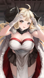 Rule 34 | 1girl, absurdres, ahoge, anila (granblue fantasy), artist name, blacktail hihi, blonde hair, blunt bangs, breasts, brown eyes, ceiling, cleavage, commentary request, granblue fantasy, head tilt, highres, horns, indoors, large breasts, leaning forward, long hair, looking at viewer, open mouth, pleated skirt, revision, skirt, solo, tareme, thick eyebrows