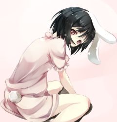 Rule 34 | 1girl, animal ears, black hair, dress, eyebrows, gorilla (bun0615), highres, inaba tewi, looking at viewer, looking back, puffy short sleeves, puffy sleeves, rabbit ears, rabbit girl, rabbit tail, red eyes, short hair, short sleeves, simple background, sitting, solo, tail, touhou