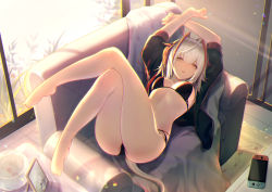 Rule 34 | 1girl, absurdres, antenna hair, arknights, arms up, ass, bare legs, barefoot, bikini, black bikini, black jacket, blanket, breasts, chair, chromatic aberration, cleavage, feet, highres, horns, jacket, jiusan naitang, legs up, looking at viewer, lying, medium breasts, medium hair, multi-strapped bikini, multicolored hair, nintendo switch, on back, open clothes, open jacket, parted lips, picture frame, plantar flexion, silver hair, solo, stomach, streaked hair, string bikini, swimsuit, thighs, w (arknights), yellow eyes