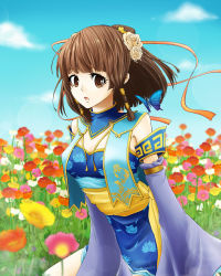 Rule 34 | 1girl, breasts, brown eyes, brown hair, detached sleeves, female focus, flower, hair ornament, hinapecco, nature, open mouth, outdoors, plant, sangokushi taisen, short hair, sky, solo, xiao qiao