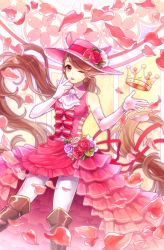 Rule 34 | 1girl, ;o, absurdly long hair, bare shoulders, boots, bouquet, bow, brown eyes, brown footwear, brown hair, crown, dress, elbow gloves, facing viewer, feet out of frame, flower, frilled dress, frills, full body, gloves, haru urara (racehorse), hat, hat flower, kiritani846, layered dress, long hair, looking at viewer, one eye closed, personification, petals, pink bow, pink dress, pink gloves, pink hat, ponytail, solo, standing, umabi, very long hair, white legwear, wink