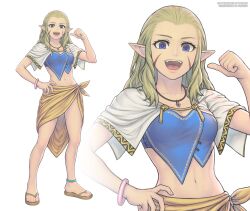 Rule 34 | 1girl, blonde hair, blue eyes, breasts, commentary, facial mark, full body, gofelem, jessica de alkirk, jewelry, long hair, looking at viewer, lunar: the silver star, medium breasts, navel, necklace, open mouth, pointy ears, sandals, simple background, smile, solo, white background