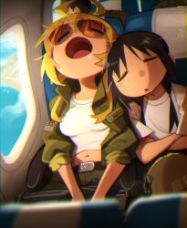 Rule 34 | 2girls, absurdres, ahoge, airplane interior, aviator sunglasses, belt, black hair, blonde hair, chito (shoujo shuumatsu ryokou), closed eyes, commentary, crossed arms, drooling, english commentary, green jacket, highres, jacket, khyle., leaning on person, long hair, multiple girls, navel, original, shirt, shoujo shuumatsu ryokou, sitting, sleeping, sunglasses, t-shirt, white shirt, yuuri (shoujo shuumatsu ryokou)
