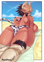 Rule 34 | 1girl, absurdres, animal print, annoyed, ass, ass focus, back, beach, bikini, bikini bottom only, black hair, blonde hair, blue sky, blush, border, breast press, breasts, cathyl, clenched teeth, cloud, cow girl, cow horns, cow print, cow print bikini, cow tail, dark-skinned female, dark skin, day, embarrassed, eyebrows, feet out of frame, female focus, from behind, from below, highres, horns, huge ass, huge breasts, looking at viewer, looking back, monster musume no iru nichijou, multicolored hair, outdoors, parted lips, pashapencil, pointy ears, pov, print bikini, profile, short hair, sky, solo, swimsuit, tail, teeth, thick thighs, thighs, topless, tsundere, two-tone hair, watermark, white border, yellow eyes