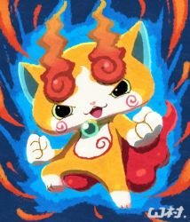 Rule 34 | 10s, 33333 33333, artist name, blue background, clenched hands, fiery tail, jibakoma, no humans, open mouth, simple background, solo, tail, traditional youkai, youkai watch, youkai watch 2