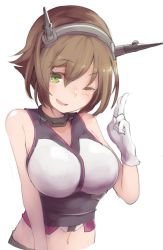 Rule 34 | 10s, 1girl, bare shoulders, blush, breasts, brown hair, female focus, gloves, green eyes, hairband, headgear, kantai collection, large breasts, looking at viewer, makihitsuji, midriff, mutsu (kancolle), navel, one eye closed, open mouth, short hair, smile, solo, upper body
