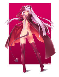 Rule 34 | 1girl, 2018, absurdres, artist name, ass, breasts, cape, closed mouth, dated, demon girl, demon horns, demon tail, elbow gloves, from behind, gloves, hand on own head, highres, horns, light purple hair, long hair, looking back, maroon gloves, maroon legwear, naked cape, ngo (ngo dandelion), nipples, nude, original, pointy ears, red eyes, red thighhighs, small breasts, smile, solo, standing, tail, thighhighs, v-shaped eyebrows, very long hair