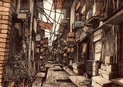 Rule 34 | air conditioner, alley, awning, box, brick wall, building, cardboard box, commentary request, crosshatching, hatching (texture), highres, ibsukionsen, lantern, no humans, original, outdoors, industrial pipe, plank, plant, potted plant, power lines, scenery, traditional media, utility pole