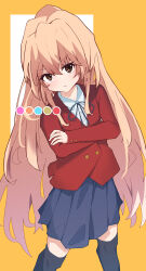 Rule 34 | 1girl, absurdres, aisaka taiga, black ribbon, black thighhighs, blazer, blue skirt, brown eyes, brown hair, buttons, closed mouth, collared shirt, commentary request, crossed arms, double-breasted, hair between eyes, highres, jacket, ko su kaa, long hair, long sleeves, looking at viewer, neck ribbon, oohashi high school uniform, orange background, partial commentary, red jacket, ribbon, school uniform, shirt, skirt, solo, standing, thighhighs, toradora!, two-tone background, very long hair, white background, white shirt