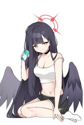 Rule 34 | 1girl, bagjeomlye88315, black hair, black shorts, black wings, blue archive, breasts, camisole, can, cleavage, closed mouth, dolphin shorts, feathered wings, full body, grey eyes, hair ornament, hairclip, halo, highres, holding, holding can, ichika (blue archive), large breasts, long hair, looking at viewer, navel, red halo, shorts, simple background, smile, socks, solo, white background, white camisole, white socks, wings