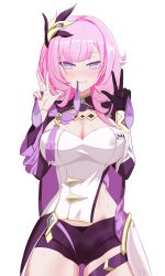 Rule 34 | 1girl, absurdres, asymmetrical clothes, asymmetrical hair, bike shorts, black gloves, blush, breasts, cleavage, closed mouth, condom, condom in mouth, covered erect nipples, cowboy shot, cum, double v, elysia (honkai impact), elysia (miss pink elf) (honkai impact), facial, gloves, gluteal fold, hair ornament, highres, honkai (series), honkai impact 3rd, large breasts, long hair, looking at viewer, mouth hold, nose blush, pink hair, pointy ears, purple eyes, shadytown, single glove, smile, solo, sweat, used condom, v