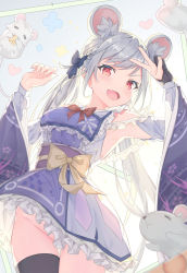 Rule 34 | 1girl, :d, animal, animal ear fluff, animal ears, arm up, armpits, black gloves, black thighhighs, bow, braid, breasts, chinese zodiac, cowboy shot, detached sleeves, fang, floral print, gloves, grey hair, groin, hair bow, hand up, highres, japanese clothes, kimono, long hair, looking at viewer, medium breasts, mishuo (misuo69421), mouse (animal), mouse ears, no panties, obi, open mouth, original, partially fingerless gloves, red eyes, sash, short kimono, single glove, single thighhigh, smile, solo, thighhighs, twintails, v, v-shaped eyebrows, very long hair, wide sleeves, year of the rat