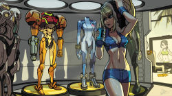 Rule 34 | 2girls, abs, alex ahad, arm cannon, arm up, armor, bodysuit, breasts, chair, cleavage, cowboy shot, drink, drinking, drinking straw, dumbbell, e-tank, gloves, hair between eyes, hands on own hips, helmet, high heels, high ponytail, highres, holding, indoors, light suit (metroid), medium breasts, mega man (series), metroid, metroid: zero mission, metroid fusion, metroid prime 2: echoes, midriff, mole, mole under mouth, multiple girls, navel, nintendo, ponytail, power armor, power suit, samus aran, shadow, short shorts, shorts, signature, solo focus, sports bra, super smash bros., sweat, television, toned, towel, towel on head, unzipped, varia suit, visor, weapon, weights, wii fit, wii fit trainer, wii fit trainer (female), wristband, zero suit, zipper