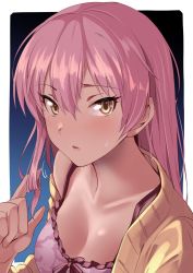 Rule 34 | 1girl, blue background, blush, border, breasts, camisole, cardigan, cleavage, collarbone, eyelashes, gradient background, hair between eyes, twirling hair, idolmaster, idolmaster cinderella girls, jougasaki mika, long hair, looking at viewer, medium breasts, open cardigan, open clothes, open mouth, parted lips, pink camisole, pink hair, solo, sweater, white border, yellow eyes, yellow sweater, youhei (testament)