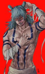 Rule 34 | 1boy, alternate eye color, alternate form, aqua hair, arm tattoo, artist name, bandaged arm, bandages, blue hair, chest tattoo, double bun, evil smile, extra eyes, facial mark, facial tattoo, fangs, hair between eyes, hair bun, highres, jujutsu kaisen, kashimo hajime, looking at viewer, male focus, medium hair, muscular, muscular male, pants, possessed, possession, red background, rei (poro06625649), ryoumen sukuna (jujutsu kaisen), shoulder tattoo, simple background, smile, solo, stomach tattoo, tattoo, teeth, white pants