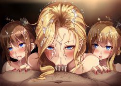 Rule 34 | 1boy, 3girls, aftersex, azur lane, blonde hair, blue eyes, blush, braid, brown hair, censored, collarbone, cooperative fellatio, crown braid, cum, cum in mouth, cum in nose, cum on hair, dot nose, drooling, faceless, faceless male, facial, fellatio, fingernails, gradient background, hair ornament, hairy, hairy legs, hairy testicles, half-closed eyes, hetero, hood (azur lane), hot melon, lips, lipstick, long hair, looking at viewer, makeup, male pubic hair, mosaic censoring, multiple girls, nail polish, netorare, nude, open mouth, oral, penis, pov, pov crotch, pubic hair, red lips, red nails, renown (azur lane), repulse (azur lane), shiny skin, short hair, smile, tears, trembling, upper body