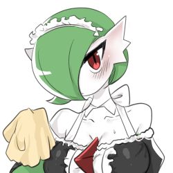 Rule 34 | 1girl, bare shoulders, black dress, blush, bob cut, breasts, center frills, cheokcheokaksa, closed mouth, cloth, clothed pokemon, collarbone, colored skin, creatures (company), detached collar, dress, female focus, frilled dress, frills, game freak, gardevoir, gen 3 pokemon, green hair, green skin, hair over one eye, hand up, head tilt, highres, holding cloth, looking at viewer, maid, maid headdress, medium breasts, multicolored skin, nintendo, off-shoulder dress, off shoulder, one eye covered, pokemon, pokemon (creature), puffy short sleeves, puffy sleeves, red eyes, short hair, short sleeves, simple background, solo, sweat, two-tone skin, upper body, white background, white skin