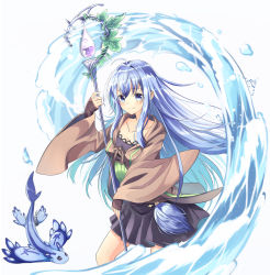 Rule 34 | 1girl, ahoge, black skirt, blue eyes, blue hair, breasts, brown robe, closed mouth, collarbone, creature, duel monster, eria (yu-gi-oh!), eria the water charmer, eria the water charmer gentle, feet out of frame, hair between eyes, highres, holding, holding staff, hydrokinesis, leaf, long hair, long sleeves, medium breasts, mikan (13alice666), open clothes, open robe, pleated skirt, robe, sidelocks, simple background, skirt, sleeves past wrists, smile, staff, water, white background, wide sleeves, yu-gi-oh!