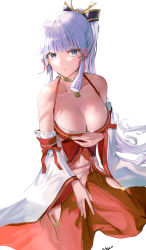 Rule 34 | 1girl, a-by, absurdres, alternate costume, animal ears, ayaka (genshin impact), blunt bangs, blurry, breasts, chibi, choker, cleavage, collarbone, commentary request, detached sleeves, earrings, genshin impact, grey eyes, grey hair, hair ornament, hair ribbon, highres, jewelry, long hair, looking at viewer, multiple girls, navel, nontraditional miko, ponytail, ribbon, ribbon-trimmed sleeves, ribbon trim, sidelocks, simple background, sitting, tress ribbon, wariza, white background, wide sleeves