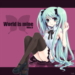 Rule 34 | 1girl, aqua eyes, aqua hair, bow, bowtie, face, hatsune miku, high heels, long hair, mary janes, panties, pantyshot, shoes, sitting, solo, thighhighs, twintails, underwear, very long hair, vocaloid, world is mine (vocaloid), yuh