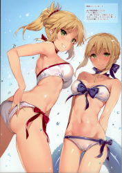 Rule 34 | 2girls, absurdres, alternate costume, armpit peek, arms behind back, artoria pendragon (all), artoria pendragon (fate), ass, bare arms, bare shoulders, beads, bikini, blonde hair, blue bow, blue ribbon, blush, bow, bow bikini, braid, breasts, collarbone, cowboy shot, fate/apocrypha, fate/stay night, fate (series), french braid, from below, gluteal fold, green eyes, grin, groin, hair beads, hair ornament, hair ribbon, hand under clothes, hand under swimsuit, highres, long hair, looking at viewer, looking down, medium breasts, mordred (fate), mordred (fate/apocrypha), multiple girls, navel, neck ribbon, petals, ponytail, red bow, ribbon, saber (fate), scan, side-tie bikini bottom, smile, stomach, swimsuit, white background, white bikini, yuran