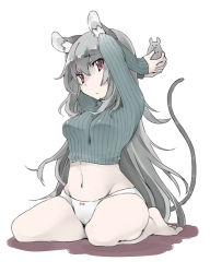 Rule 34 | 1girl, akagashi hagane, alternate hair length, alternate hairstyle, animal ears, barefoot, blush, breasts, full body, grey hair, long hair, md5 mismatch, mouse (animal), mouse ears, mouse tail, nazrin, no pants, panties, red eyes, resolution mismatch, ribbed sweater, simple background, solo, source larger, sweater, tail, touhou, underwear, white background, white panties
