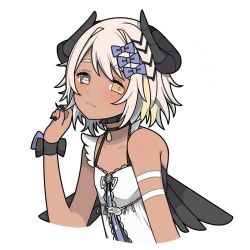 Rule 34 | 1girl, alternate hair length, alternate hairstyle, amaryllis gumi, armband, black nails, black wings, blue bow, blush, bow, brooch, choker, closed mouth, collarbone, commentary, cropped torso, curled horns, dark-skinned female, dark skin, grey eyes, hair bow, hand in own hair, heterochromia, highres, horns, jewelry, looking at viewer, nail polish, omas lie, short hair, simple background, smile, solo, thick eyebrows, upper body, virtual youtuber, white background, white hair, wings, yellow eyes, yotsutsuji mayoi