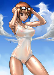 Rule 34 | 1girl, bang-you, breasts, brown eyes, brown hair, cameltoe, covered erect nipples, goggles, kashiwagi azusa, kizuato, large breasts, muscular, nipples, one-piece swimsuit, see-through, shiny skin, short hair, solo, standing, swimsuit, tan, wet