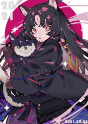 Rule 34 | 1girl, 2021, absurdres, animal, animal ear fluff, animal ears, animal hug, arknights, black hair, black kimono, brown eyes, commentary, dated, dog, dog ears, facial mark, forehead mark, grey hair, highres, japanese clothes, kimono, long hair, long sleeves, looking at viewer, multicolored hair, parted bangs, parted lips, petals, purple background, saga (arknights), solo, sparkle, symbol-only commentary, taowu (20809), two-tone background, two-tone hair, very long hair, white background, wide sleeves