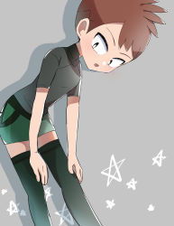 Rule 34 | 1boy, black eyes, bright pupils, brown hair, commentary request, creatures (company), game freak, green skirt, green thighhighs, grey background, grey shirt, hachi (hachi sin), highres, leaning forward, looking down, male focus, nintendo, open mouth, pokemon, pokemon lgpe, shirt, short hair, short sleeves, skirt, solo, star (symbol), thighhighs, trace (pokemon), white pupils