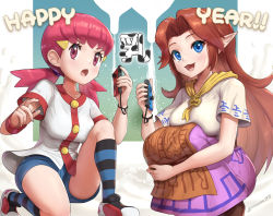 Rule 34 | 1-2-switch, 2girls, :3, ascot, blue eyes, brown eyes, brown hair, chinese zodiac, company connection, creatures (company), cremia, crossover, dress, english text, game freak, gonzarez, gym leader, happy new year, highres, joy-con, looking at viewer, milk, multiple girls, new year, nintendo, open mouth, pink hair, pointy ears, pokemon, pokemon gsc, shoes, short shorts, shorts, sneakers, socks, squatting, striped clothes, striped legwear, striped socks, the legend of zelda, the legend of zelda: majora&#039;s mask, twintails, udder, whitney (pokemon), year of the ox