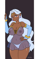 Rule 34 | 1girl, alien, blue eyes, blush, bracelet, breasts, cleavage, dark-skinned female, dark areolae, dark skin, earrings, elbow gloves, facial mark, facial mark, gloves, highres, jewelry, large breasts, licking lips, lingerie, long hair, navel, nipples, panties, pointy ears, princess allura, seductive smile, see-through, shiny skin, smile, solo focus, standing, that-girl-whodraws, thick thighs, thighs, tiara, tongue, tongue out, topless, underwear, voltron, voltron: legendary defender, voltron (series), white hair