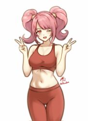 Rule 34 | 1girl, breasts, cleavage, double v, fire emblem, fire emblem echoes: shadows of valentia, highres, leggings, looking at viewer, mae (fire emblem), midriff, nintendo, one eye closed, open mouth, pink eyes, pink hair, rotomdocs, solo, sports bra, sportswear, twintails, v, white background, wide hips