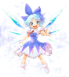 Rule 34 | 1girl, bad id, bad pixiv id, blue eyes, blue hair, cirno, dress, highres, ice, ice wings, im (badmasa), matching hair/eyes, open mouth, ribbon, short hair, short sleeves, smile, solo, touhou, wings