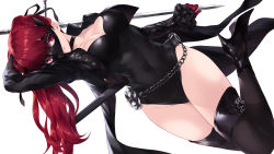 Rule 34 | 1girl, black choker, black footwear, black jacket, black leotard, black thighhighs, bow, breasts, cait aron, cameltoe, choker, cleavage, gloves, hair ribbon, high heels, highres, jacket, large breasts, leotard, long hair, long sleeves, looking at viewer, mask, persona, persona 5, ponytail, red eyes, red gloves, red hair, ribbon, simple background, smile, solo, thighhighs, weapon, white background, yoshizawa kasumi