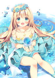Rule 34 | 1girl, bare shoulders, blonde hair, blue dress, blue flower, breasts, cleavage, collarbone, commentary request, crescent, crescent necklace, dress, eighth note, feet out of frame, flower, flower wreath, green eyes, hair between eyes, hands up, head wreath, jewelry, knees together feet apart, knees up, long hair, medium breasts, musical note, necklace, off-shoulder dress, off shoulder, orb, original, pan (mimi), ripples, sitting, solo, star (symbol), treble clef, very long hair, water, water drop