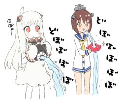 Rule 34 | 2girls, 2others, abyssal ship, brown eyes, brown hair, buck teeth, colored skin, commentary request, dress, enemy aircraft (kancolle), enemy lifebuoy (kancolle), fish spitting water, headgear, headset, horns, kantai collection, kujira naoto, long hair, meme, mittens, multiple girls, multiple others, neckerchief, northern ocean princess, parody, puffer fish vomiting water (meme), red eyes, sailor dress, short hair, simple background, sleeveless, sleeveless dress, speaking tube headset, teeth, white background, white dress, white hair, white mittens, white skin, yellow neckerchief, yukikaze (kancolle)