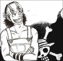 Rule 34 | 1boy, artist request, bad id, bad pixiv id, greyscale, jolly roger, lowres, male focus, monochrome, one piece, solo, usopp