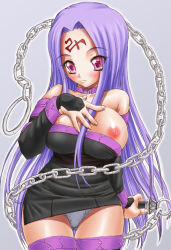 Rule 34 | 00s, 1girl, breasts, chain, dress, fate/hollow ataraxia, fate/stay night, fate (series), kotobuki utage, large breasts, long hair, medusa (fate), medusa (rider) (fate), nameless dagger (fate), nipples, panties, pink eyes, purple hair, solo, square pupils, strapless, strapless dress, thighhighs, underwear