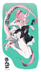 Rule 34 | 1girl, absurdres, bangs pinned back, black dress, blush, breasts, cellphone, dress, frilled dress, frills, from side, green nails, highres, holding, holding phone, holding with tail, horns, long hair, looking at phone, medium breasts, mole, mole under eye, nail polish, oni horns, original, pantyhose, parted lips, phone, pink eyes, pink footwear, pink hair, pointy ears, ponytail, prehensile tail, shoes, sleeveless, sleeveless dress, smartphone, solo, stirrup legwear, tail, tizibade, toeless legwear, very long hair, white pantyhose