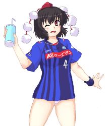 Rule 34 | 1girl, :d, ;d, alternate costume, breasts, brown hair, drink, hat, isaki (gomi), j. league, looking at viewer, mito hollyhock, one eye closed, open mouth, panties, pixel art, pom pom (clothes), racing stripes, red eyes, shameimaru aya, shirt, short hair, smile, solo, thighs, tokin hat, touhou, underwear, white panties, wristband