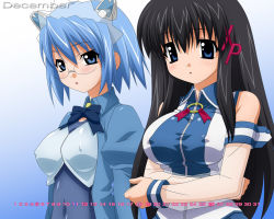 Rule 34 | 2girls, 2k-tan, bare shoulders, black hair, blue background, blue eyes, blue hair, blue one-piece swimsuit, blush, bow, bowtie, breasts, calendar, character name, covered erect nipples, covered navel, crossed arms, december, detached sleeves, glasses, gradient background, hair ornament, juliet sleeves, large breasts, long hair, long sleeves, looking at viewer, maid headdress, multiple girls, one-piece swimsuit, open clothes, os-tan, parted lips, puffy sleeves, rimless eyewear, robot ears, school swimsuit, see-through, shirt, short hair, sidelocks, sleeveless, sleeveless shirt, sugimura tomokazu, swimsuit, swimsuit under clothes, taut clothes, taut shirt, upper body, very long hair, wing collar, xp-tan