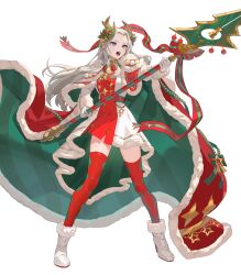Rule 34 | 1girl, attack, blue eyes, cape, diamond print, dress, edelgard von hresvelg, edelgard von hresvelg (snowfall future), fake horns, fire emblem, fire emblem: three houses, fire emblem heroes, gloves, green cape, high heels, highres, holding, holding polearm, holding weapon, horns, long hair, multicolored clothes, multicolored dress, nintendo, non-web source, official alternate costume, official art, open mouth, polearm, red cape, red dress, red thighhighs, simple background, solo, teffish, thighhighs, v-shaped eyebrows, weapon, white background, white dress, white footwear, white gloves, white hair