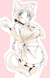 Rule 34 | 1girl, animal ears, apron, blonde hair, blue eyes, blush, braid, breasts, cat ears, cat girl, cat tail, cleavage, eating, female focus, finger to mouth, large breasts, long hair, lynette bishop, mozu (peth), naked apron, partially colored, single braid, solo, strike witches, tail, whipped cream, whisk, white background, world witches series