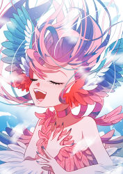 Rule 34 | 1girl, animal ears, ayasaka saaya, bare shoulders, bird ears, blue background, blue feathers, blue nails, blush, choker, commentary request, closed eyes, feathers, fingernails, harpy, highres, long fingernails, long hair, monster girl, music, nail polish, open mouth, original, red choker, red feathers, red hair, singing, solo, winged arms, wings