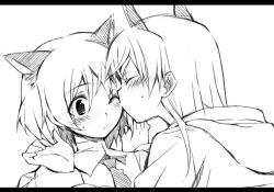 Rule 34 | 2girls, :&lt;, ;&lt;, animal ears, blush, closed eyes, couple, eila ilmatar juutilainen, female focus, greyscale, holding another&#039;s wrist, kiss, kissing cheek, kutsuwada on, letterboxed, monochrome, multiple girls, one eye closed, sanya v. litvyak, simple background, strike witches, white background, world witches series, yuri