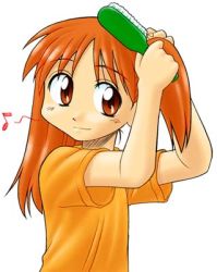 Rule 34 | 1girl, azumanga daiou, brown eyes, child, hair brush, hairdressing, long hair, lowres, mihama chiyo, musical note, quaver, red hair, shirt, short twintails, simple background, solo, t-shirt, twintails, white background