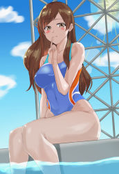 Rule 34 | 1girl, blue sky, blue one-piece swimsuit, brown eyes, brown hair, cloud, collarbone, competition swimsuit, covered navel, day, fence, highres, idolmaster, idolmaster cinderella girls, idolmaster cinderella girls starlight stage, index finger raised, long hair, looking at viewer, nitta minami, one-piece swimsuit, sitting, sky, smile, solo, sun, swimsuit, yuhica