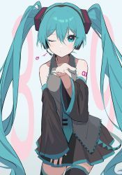 Rule 34 | 1girl, 39, ahute, black hairband, black skirt, black sleeves, black thighhighs, blue eyes, blue hair, blue nails, blue necktie, collared shirt, cowboy shot, detached sleeves, floating hair, grey shirt, hairband, hatsune miku, headphones, headset, highres, long hair, long sleeves, looking at viewer, miniskirt, nail polish, necktie, one eye closed, pleated skirt, shirt, skirt, sleeveless, sleeveless shirt, solo, standing, thighhighs, twintails, very long hair, vocaloid, white background, wing collar, zettai ryouiki